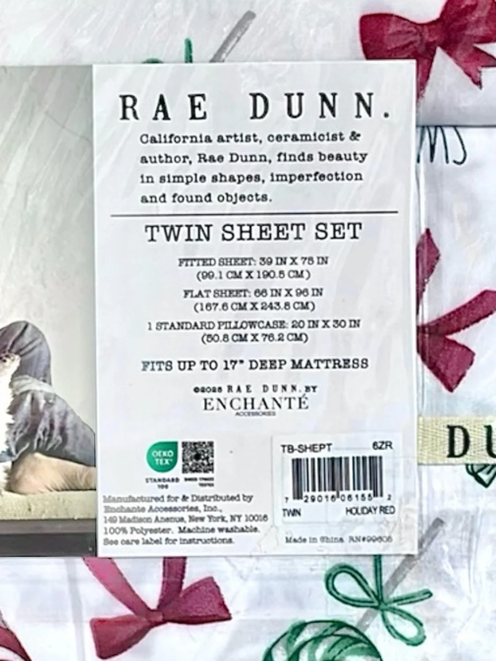 Rae Dunn by Enchante HOLIDAY RED 3-Piece Twin Sheet Set Red Green & White NWT